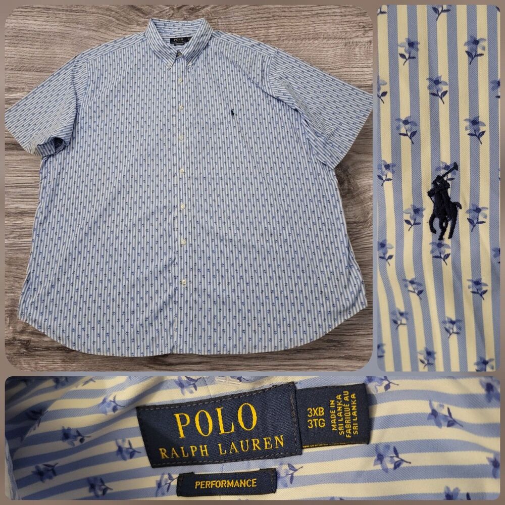 Polo Ralph Lauren Performance Shirt 3XB Men Blue Floral Nylon Blend Short Sleeve